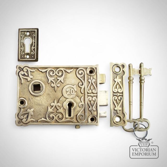 148691   30350bsb100 Rim Lock  Solid  Brass Ornate Keys