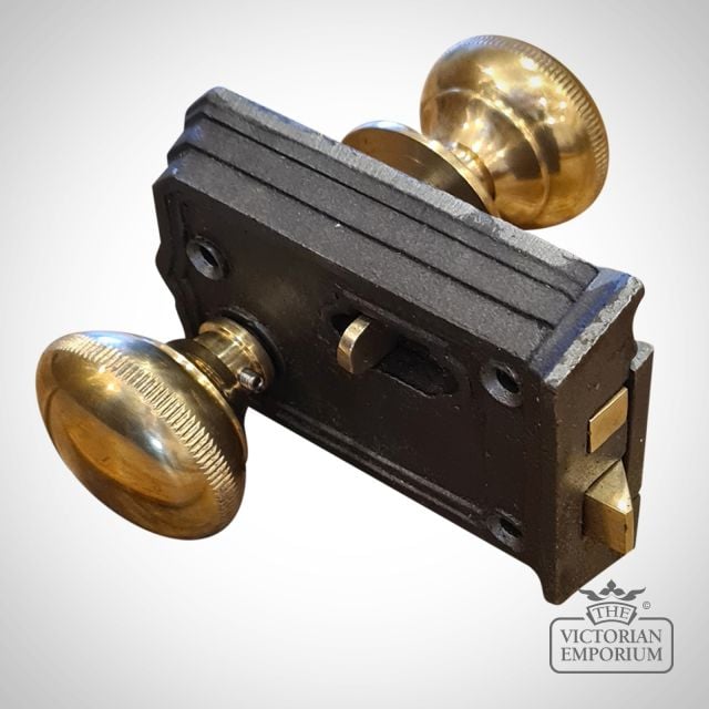Rim Door Knob Set with Grooved Knurled Lines In Cast Solid Brass