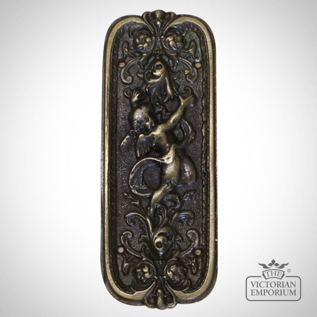 01356cab200 Push Finger Plate Cherub Ornate Ant Brass 200mm X 80mm