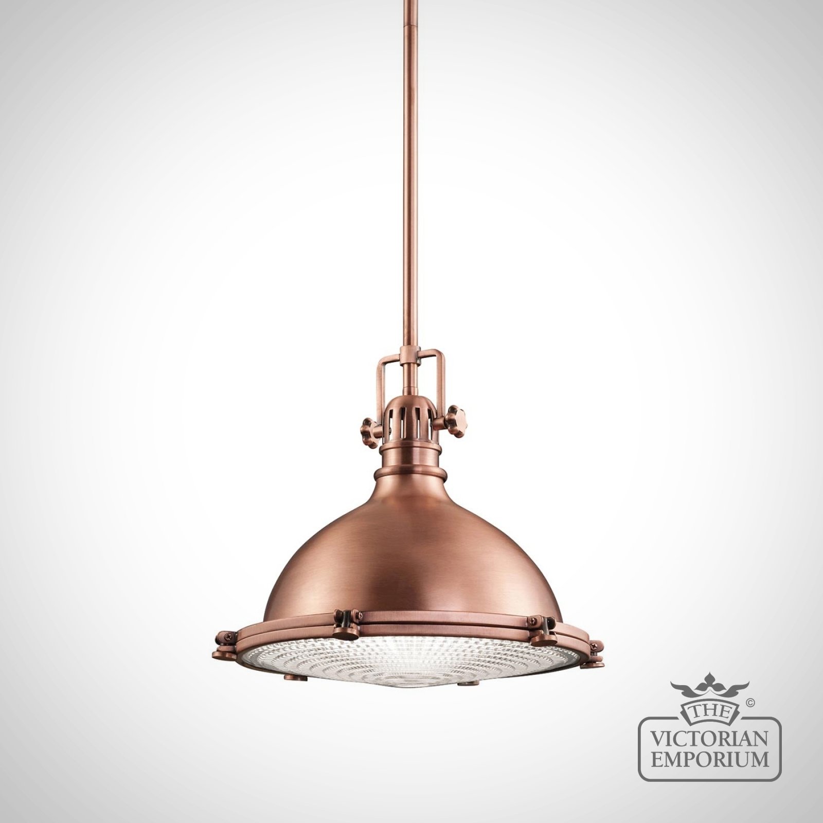 Hatters Bay Medium Pendant Light in Antique Copper with Prismatic Lens