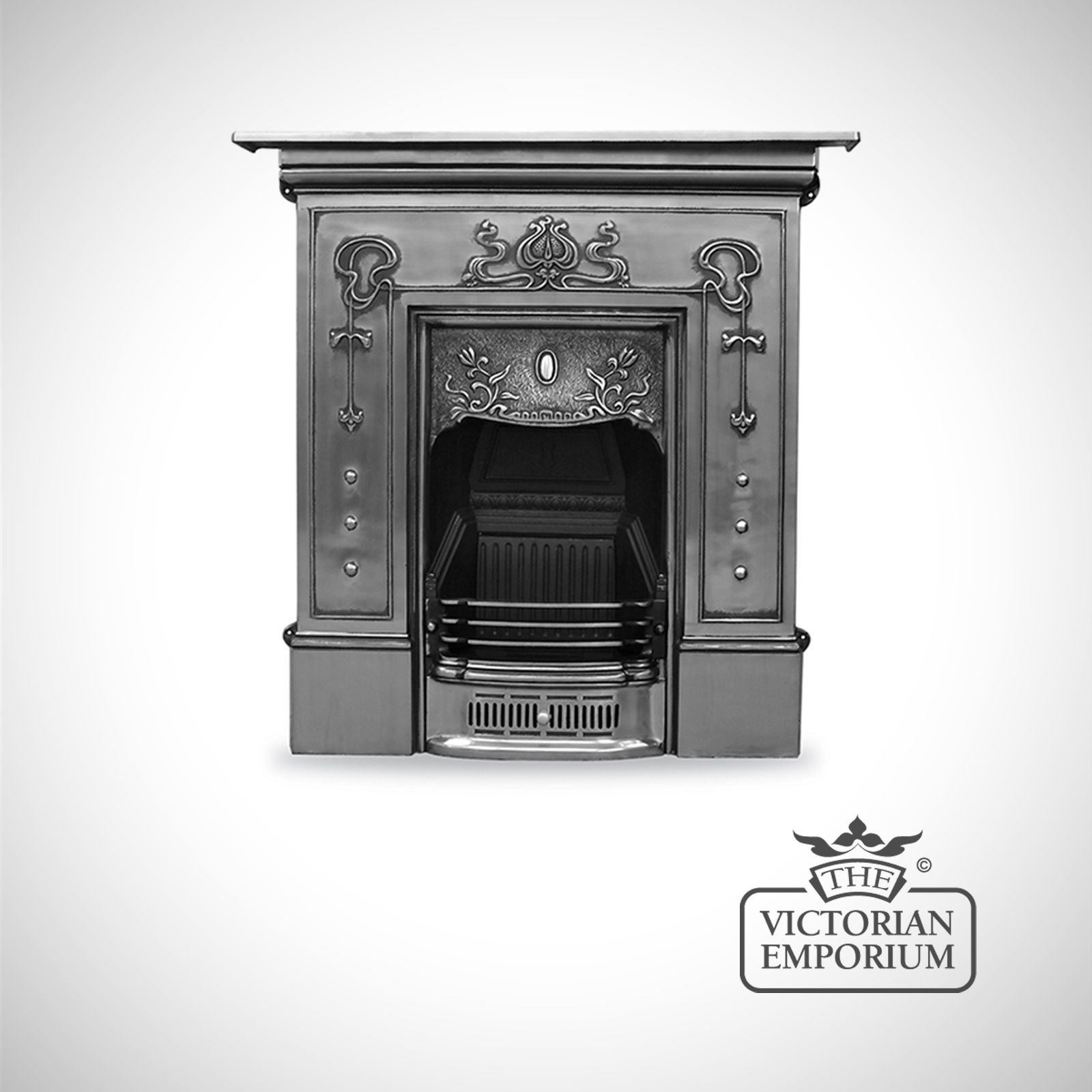 Pretty Art Nouveau style cast iron fireplace with botanical details