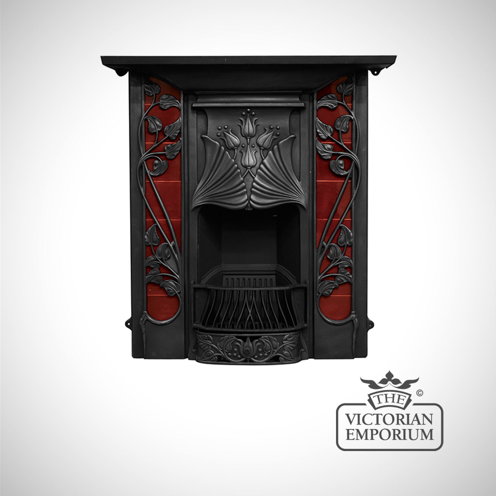 The Toulouse Art Nouveau style cast iron fireplace with coloured tiles