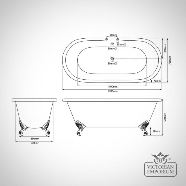 Enamel Rolltop Bath Line Drawing Dimensions Traditional Victorian 19thcentry Old Classical Decorative Hur015 And Hur019 Ld Bisley 2