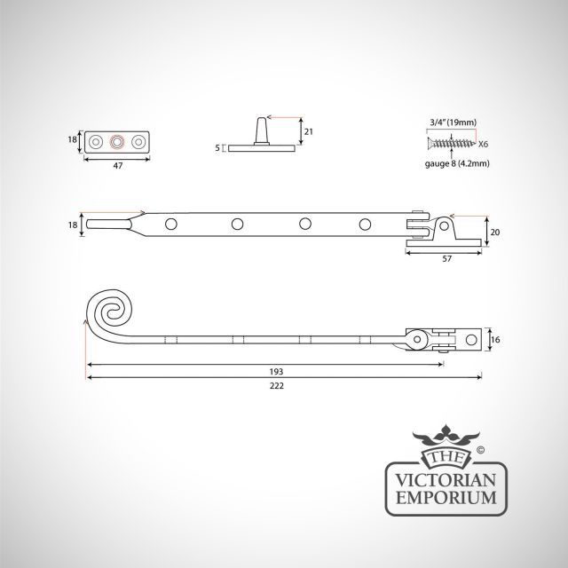 Monkey Tail Window Stay Line Drawing Dimensions Ironmongery Traditional Victorian Old Classic 33281