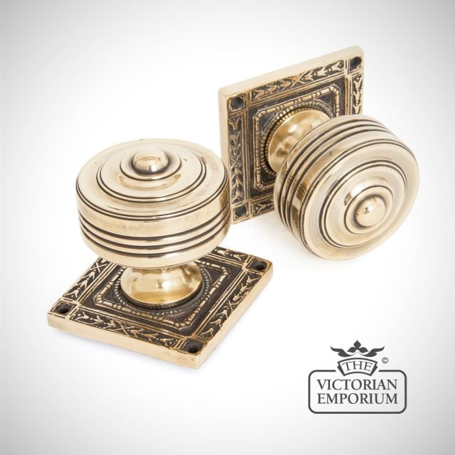 Square Highly Decorative Mortice Knob Set in Aged Brass