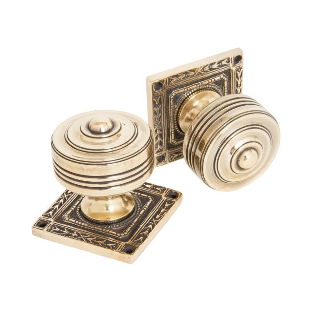 Square Highly Decorative Mortice Knob Set in Aged Brass
