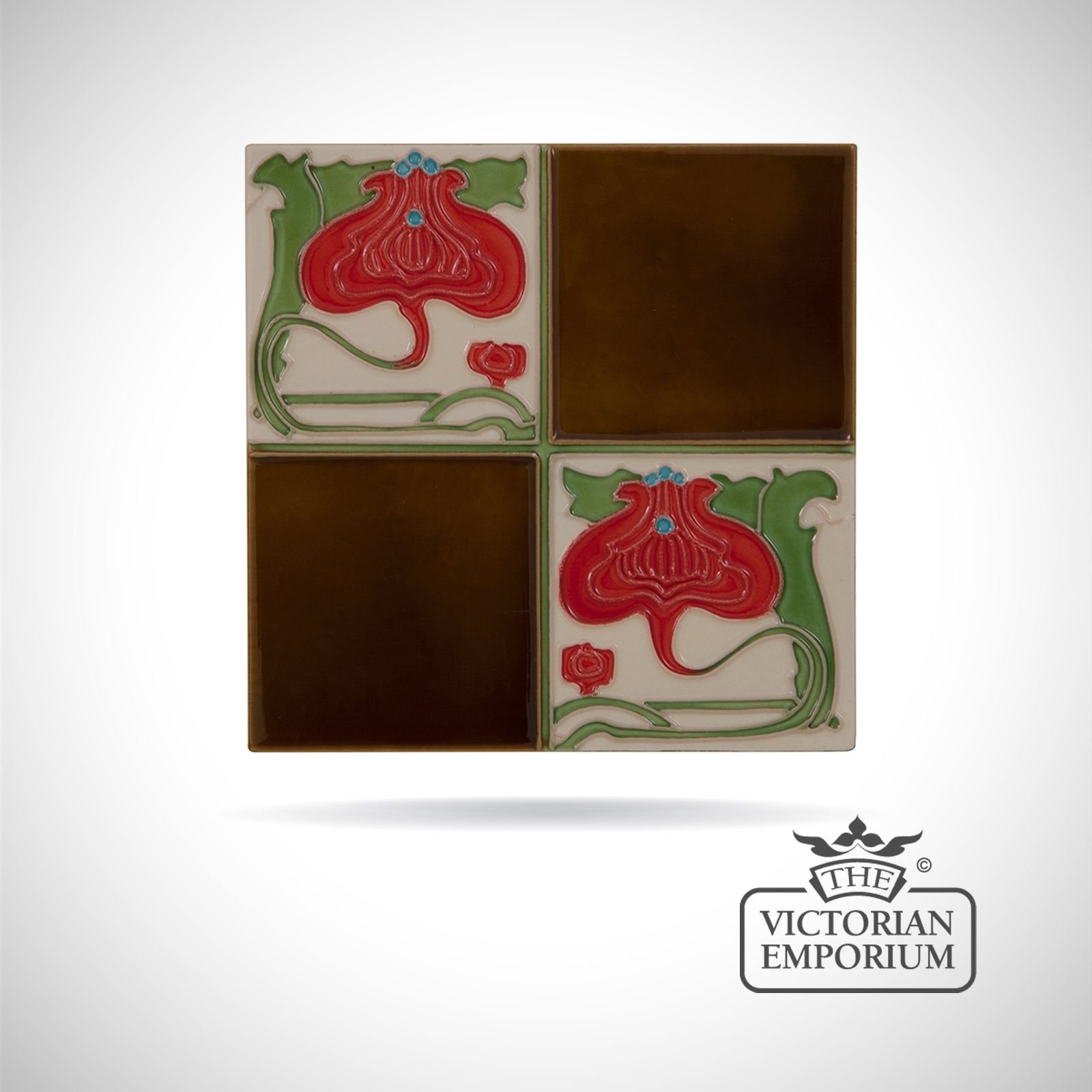 Art Deco fireplace tiles featuring red flowers and chestnut squares