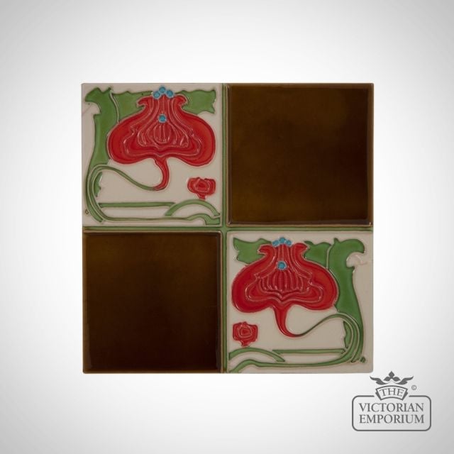 Art Deco fireplace tiles featuring red flowers and chestnut squares