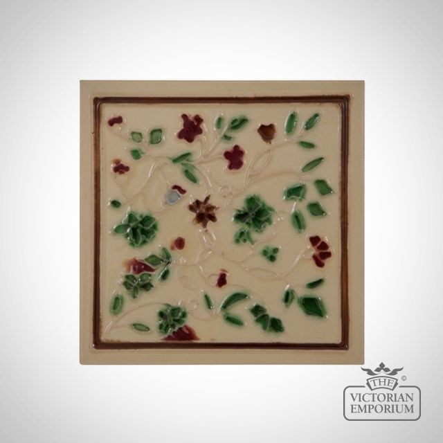 Art Deco fireplace tiles featuring small leaves and flowers