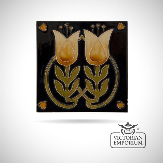 Art Deco fireplace tiles featuring pretty yellow flowers