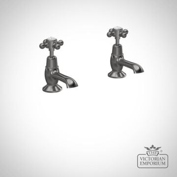London Topaz Brushed Pewter or Brass/White Basin Taps With Dome Collar and Crosshead Handle