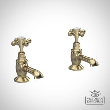 London Topaz Brushed Pewter or Brass/White Basin Taps With Hexagonal Collar and Crosshead Handle