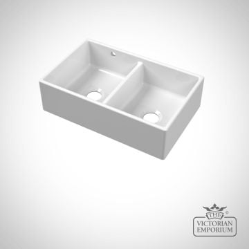 Fireclay White Double Bowl Butler Sink With Stepped Weir And Overflow