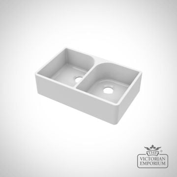 Fireclay White Double Bowl Butler Sink With Offset Waste And Full Weir