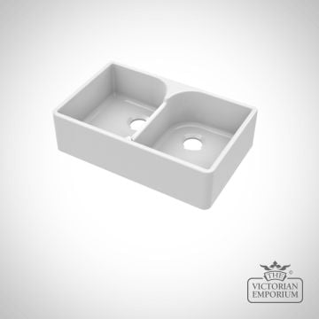 Fireclay White Double Bowl Butler Sink With Offset Waste And Stepped Weir