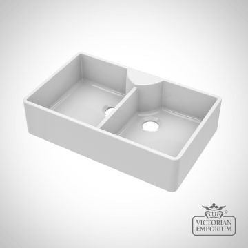 Fireclay White Double Bowl Butler Sink With Stepped Weir And Tap Ledge