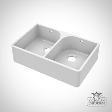 Fireclay White Double Bowl Butler Sink With Full Weir And Overflow