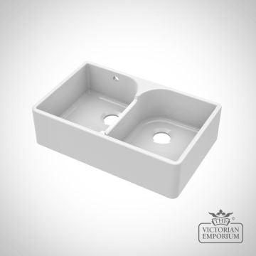 Fireclay White Double Bowl Butler Sink With Stepped Weir And Overflow - 2
