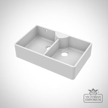 Fireclay White Double Bowl Butler Sink With Stepped Weir And Tap Ledge-2