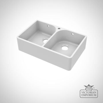 Fireclay White 1 Tap Hole Double Bowl Butler Sink With Full Weir And Overflow