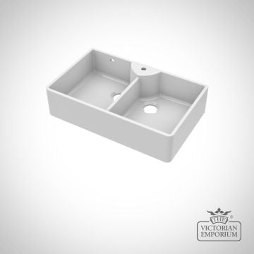 Fireclay White 1 Tap Hole Double Bowl Butler Sink With Stepped Weir And Overflow