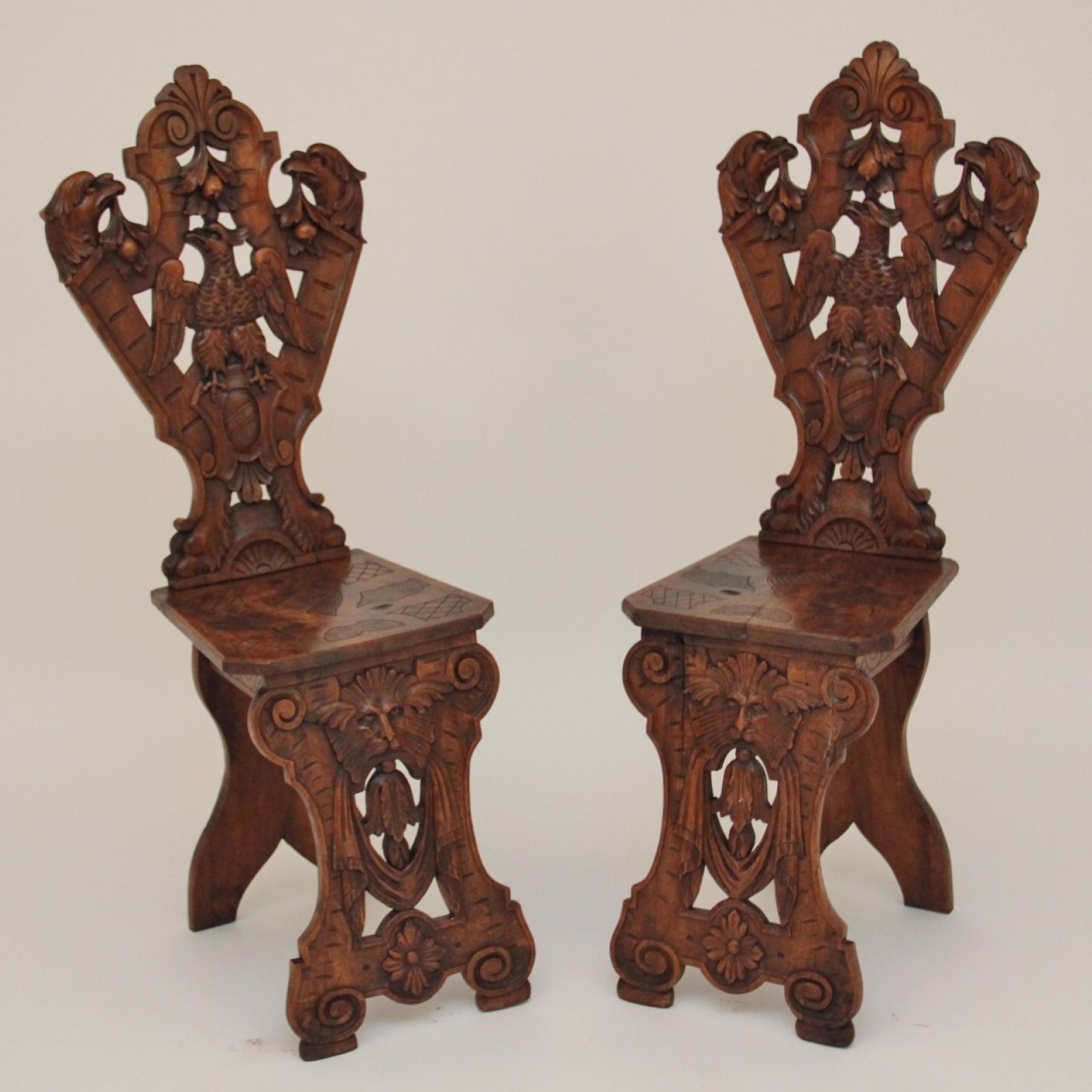 Pair 19th Century Carved Walnut Hall Chairs