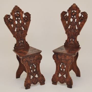 Pair 19th Century Carved Walnut Hall Chairs