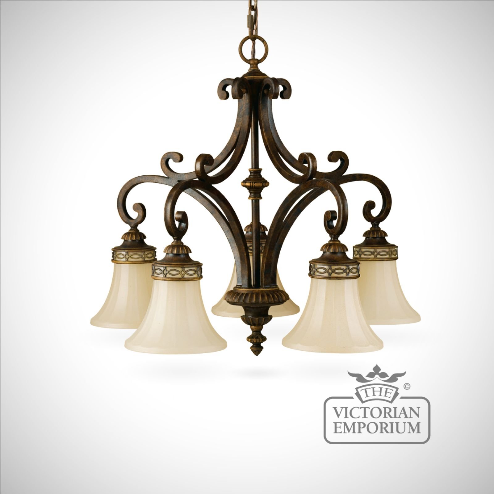 Walnut chandelier with down lights