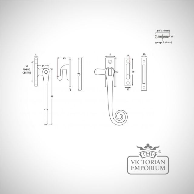 Antique Solid Brass Monkeytail Window Window Fastener 83565 Dwg