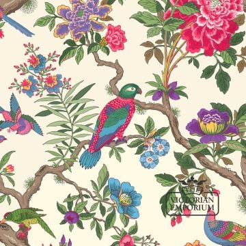 Fontainebleau wallpaper with colourful birds and flowers in choice of two colourways