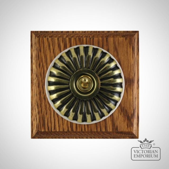 X1gang Single Toggle Period Light Switch Fluteted Antique Brass White Medium Oak Base