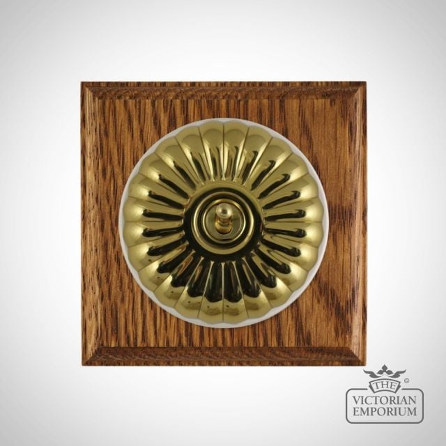 X1gang Single Toggle Period Light Switch Fluteted Brass Polished White Medium Oak Base