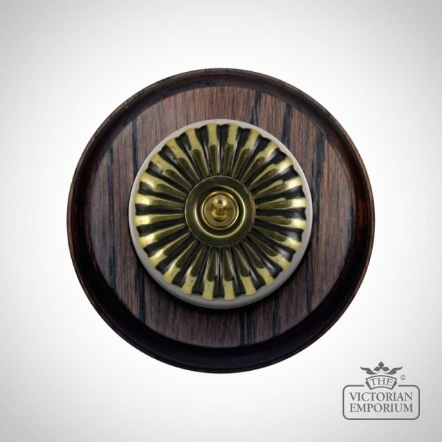 Period Light Switch Fluteted Antique Brass White Mahogany Circular Base