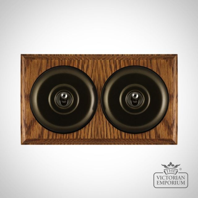 X2gang Double Toggle Period Light Switch Mat Bronze Black Period Light Switch Mat Bronze Black Medium Oak Base