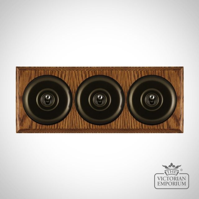 X3gang Tripple Toggle Period Light Switch Mat Bronze Black Medium Oak Base