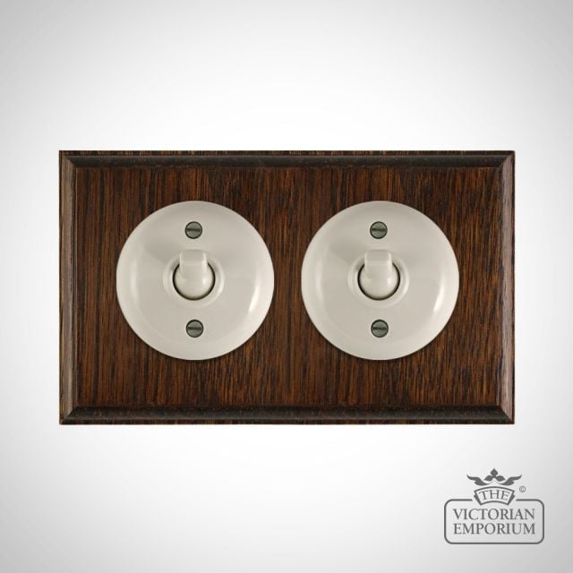 White Bakelite Toggle Light Switch Dark Oak X2