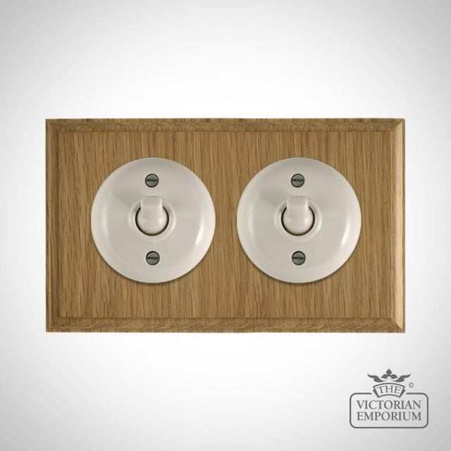 White Bakelite Toggle Light Switch Light Oak Base X2