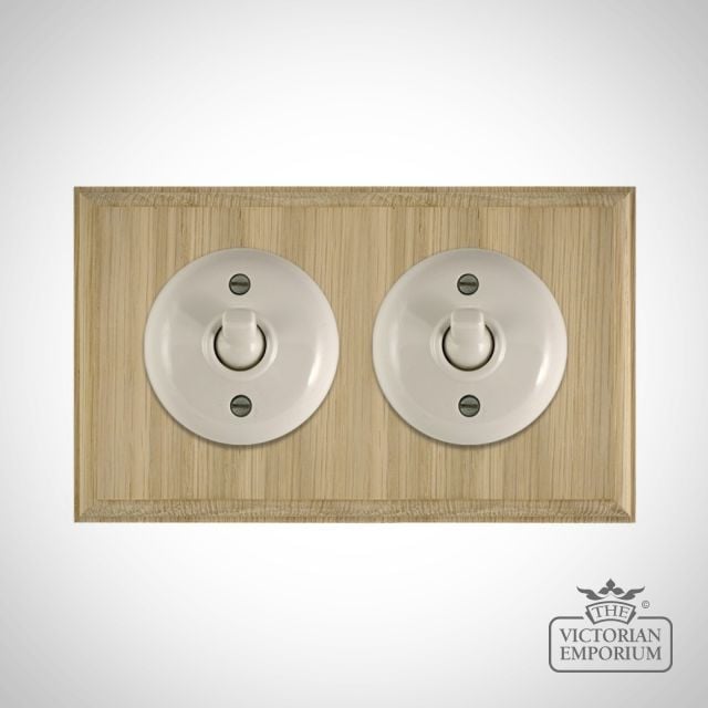 White Bakelite Toggle Light Switch Natural Oak Base X2