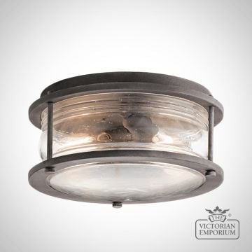 Ashland flush mount lantern in weathered zinc