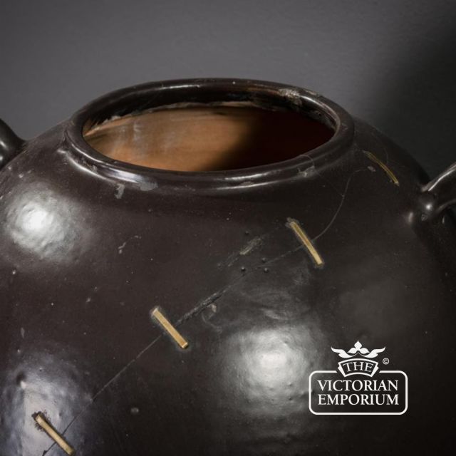 Traditional Repaired Black Vase Brass Staples Ce016 2