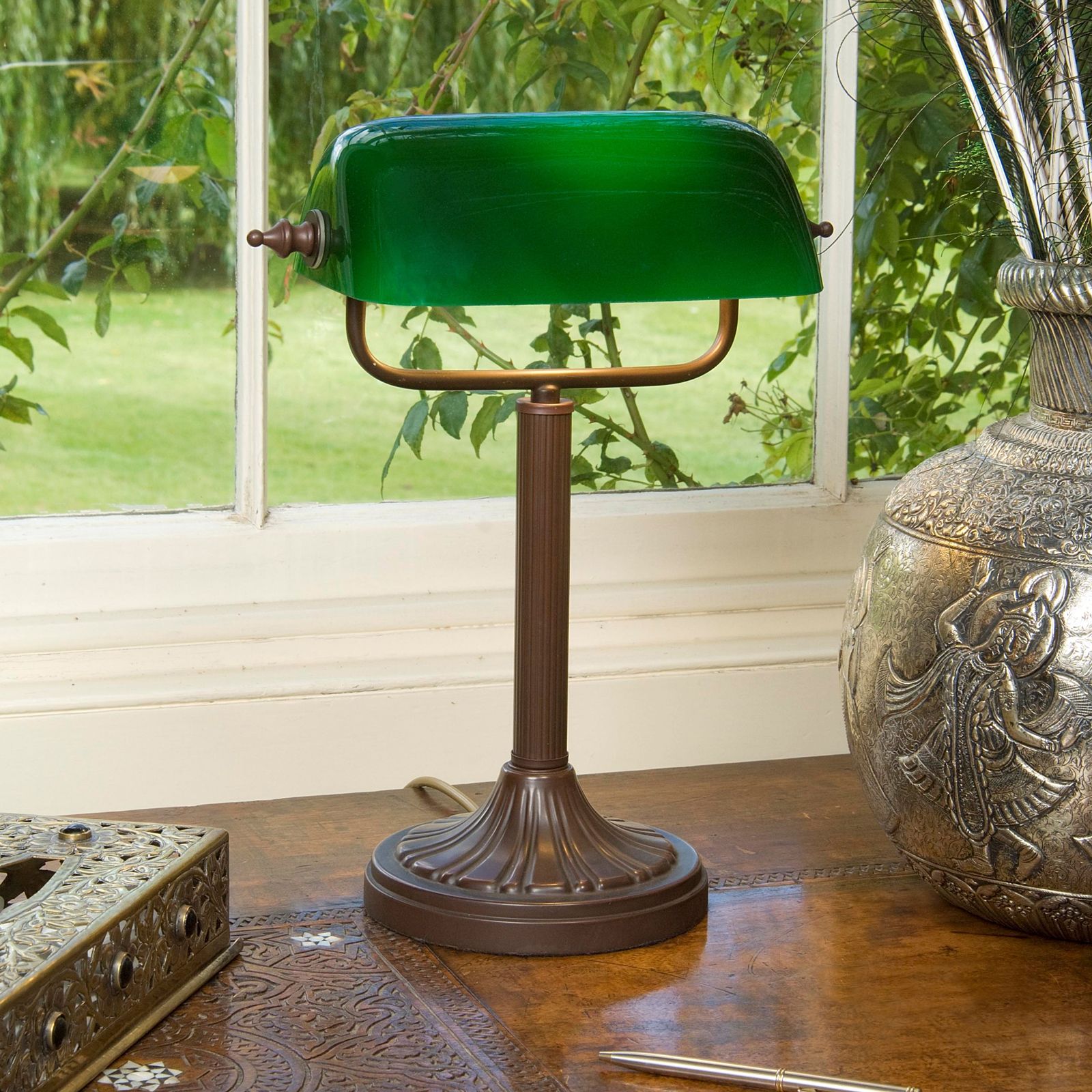 Classic Bankers Desk Lamp With Antique Bronze Stand And Opal Shade, image size:1600x1600