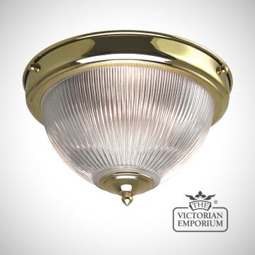 Reeded glass flush mount ceiling light in polished brass