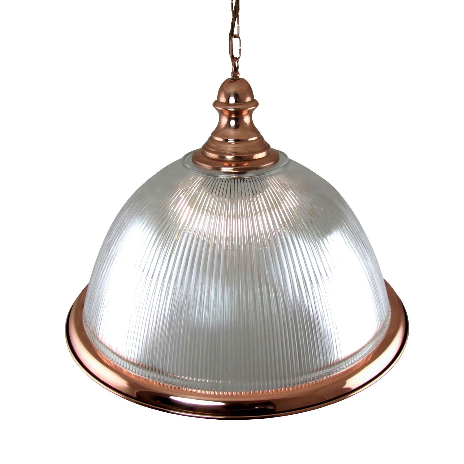 Large dome ceiling light in copper with decorative pendant and copper edging