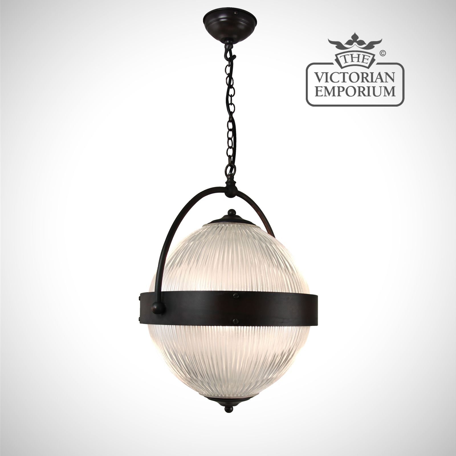 Reeded glass globe ceiling light with antique bronze central band