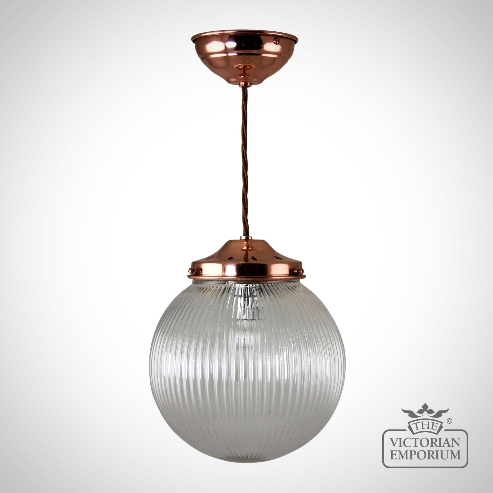 Reeded Glass Globe Ceiling Light With Polished Copper Metalwork