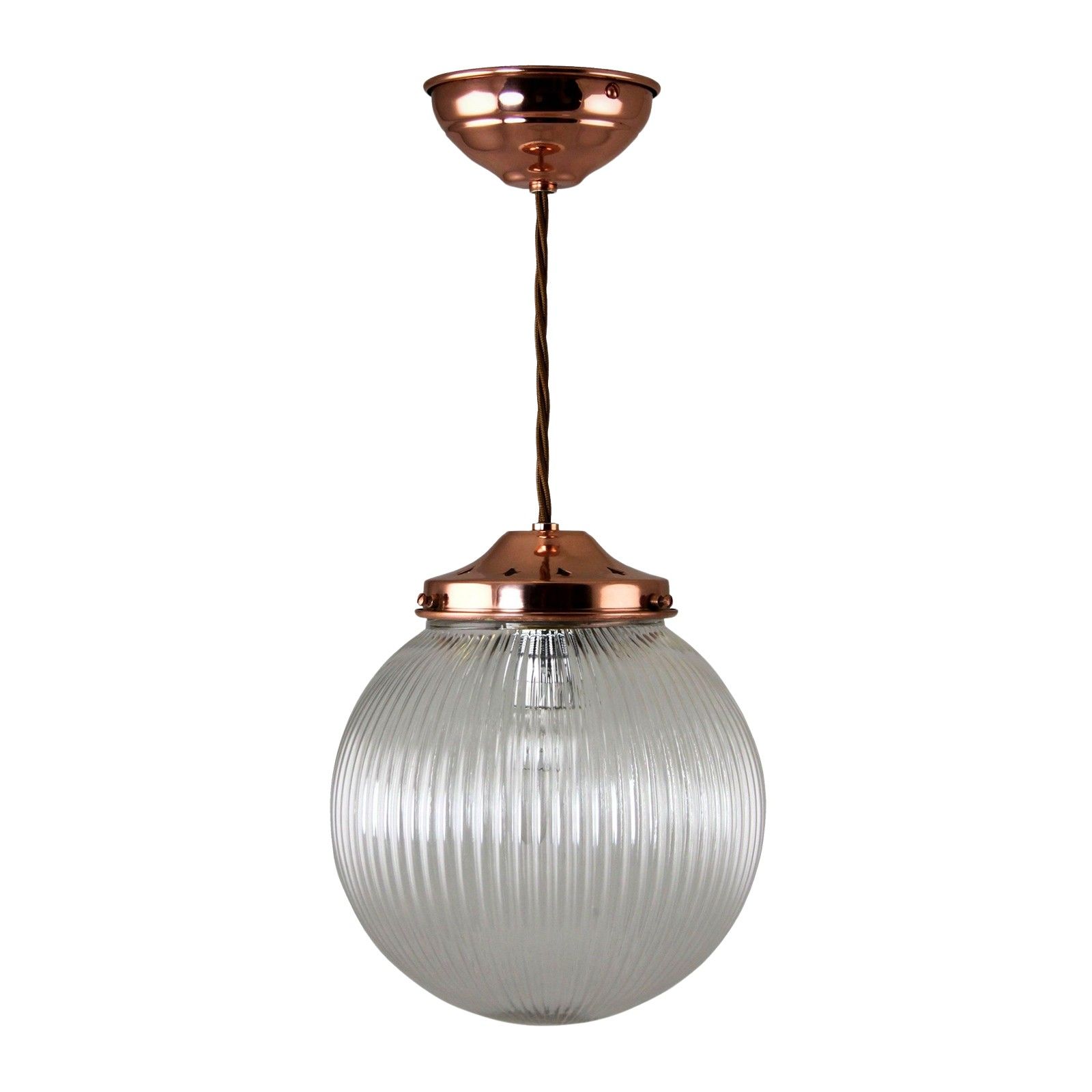 Reeded glass globe ceiling light with polished copper metalwork