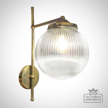 T Bracket Single Globe Wall Light - featuring a prismatic reeded glass shade and a distressed brass finished bracket