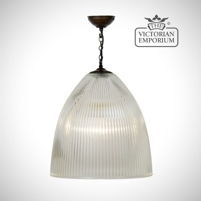 Large half oval reeded clear glass pendant with antique bronze metalwork