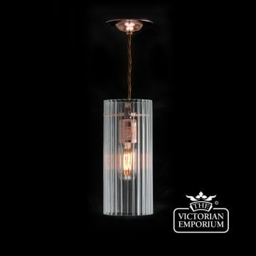 Cylindrical reeded clear glass pendant with polished copper metalwork