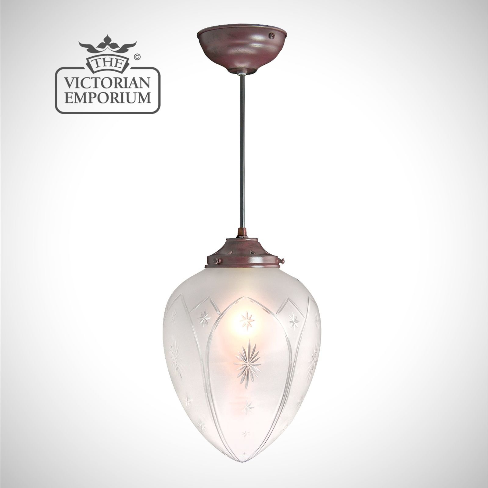 Star Cut Glass Ceiling Pendant -  featuring hand blown, acorn shaped etched shade in a traditional antique bronze finish